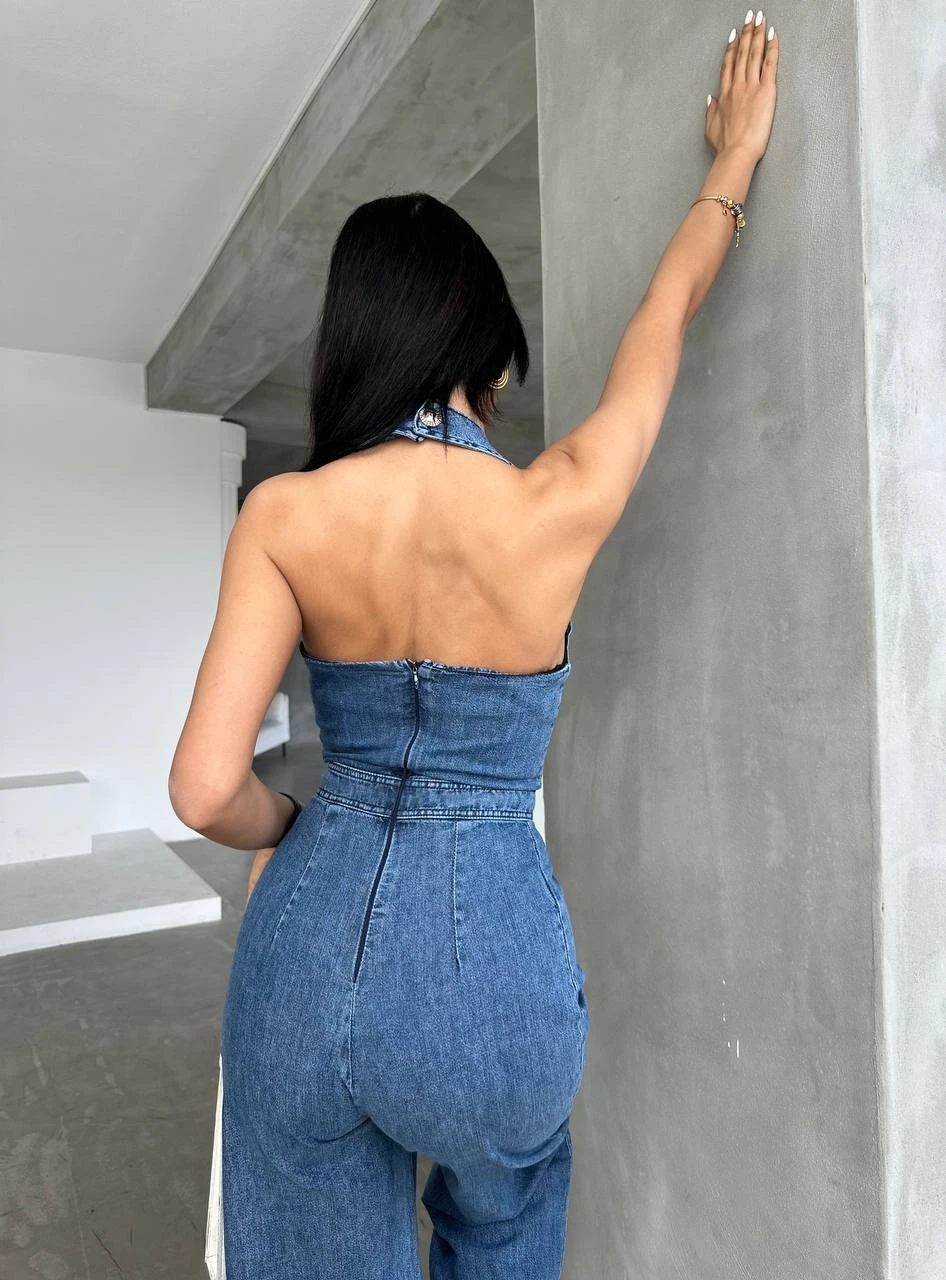 Denim Tasarım Düğme  Aksesuarlı Tulum