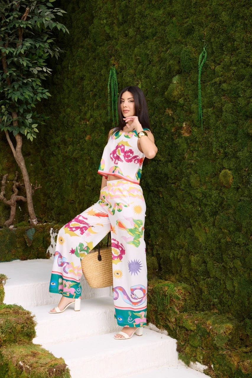 Desen 2li Crop Pantolon Takım İthal Poplin Kumaş