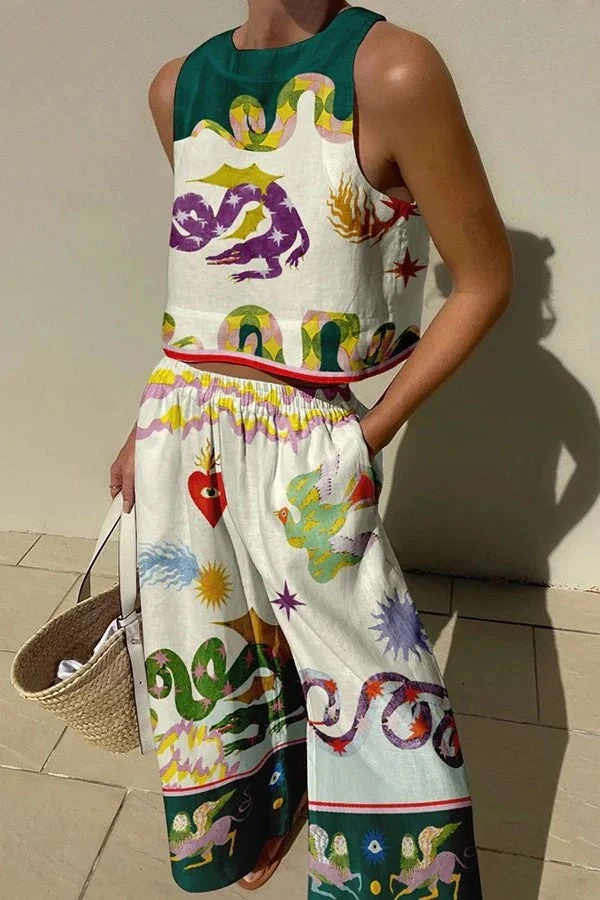 Desenli 2li Takım Crop &Pantalon İthal Poplin Kumas