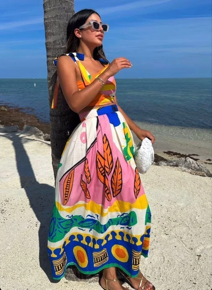 Desenli Crop&Etek Takım İthal  Krep Kumas Astarlı