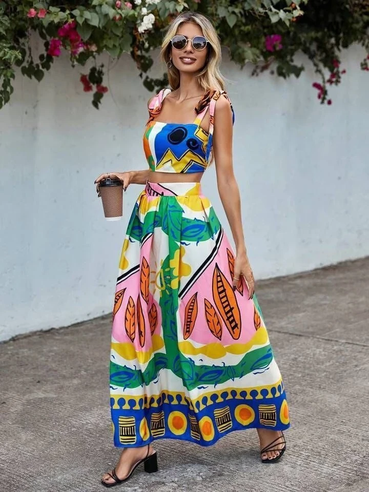 Desenli Crop&Etek Takım İthal  Krep Kumas Astarlı