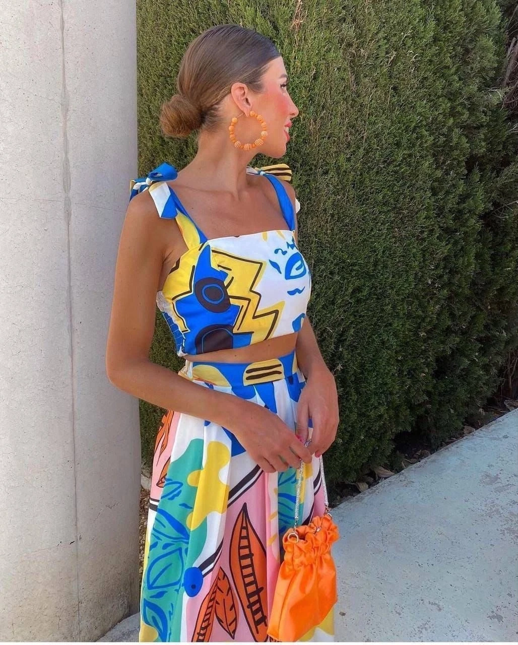 Desenli Crop&Etek Takım İthal  Krep Kumas Astarlı