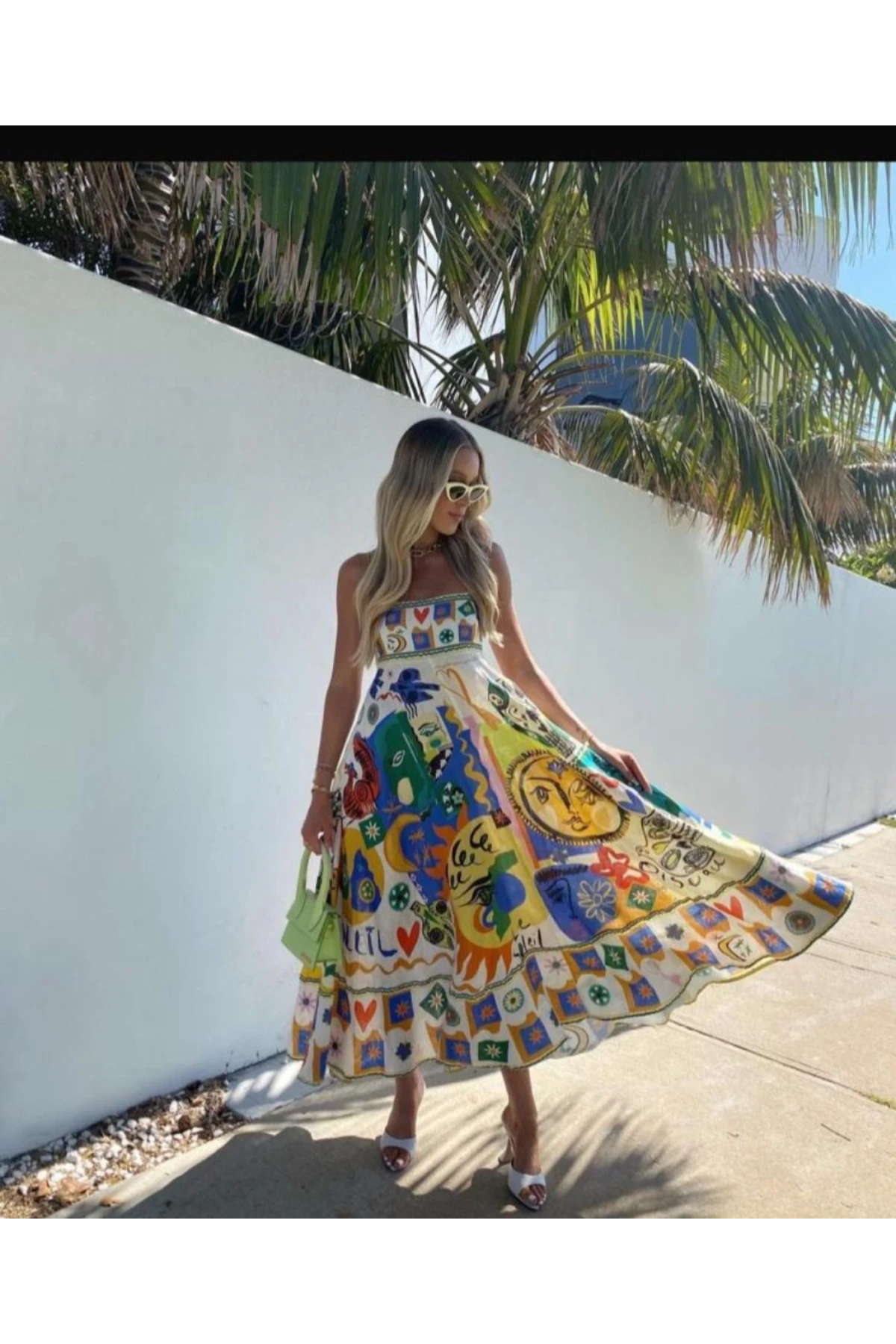 Desenli Kare Yaka Elbise İthal Krep Kumas