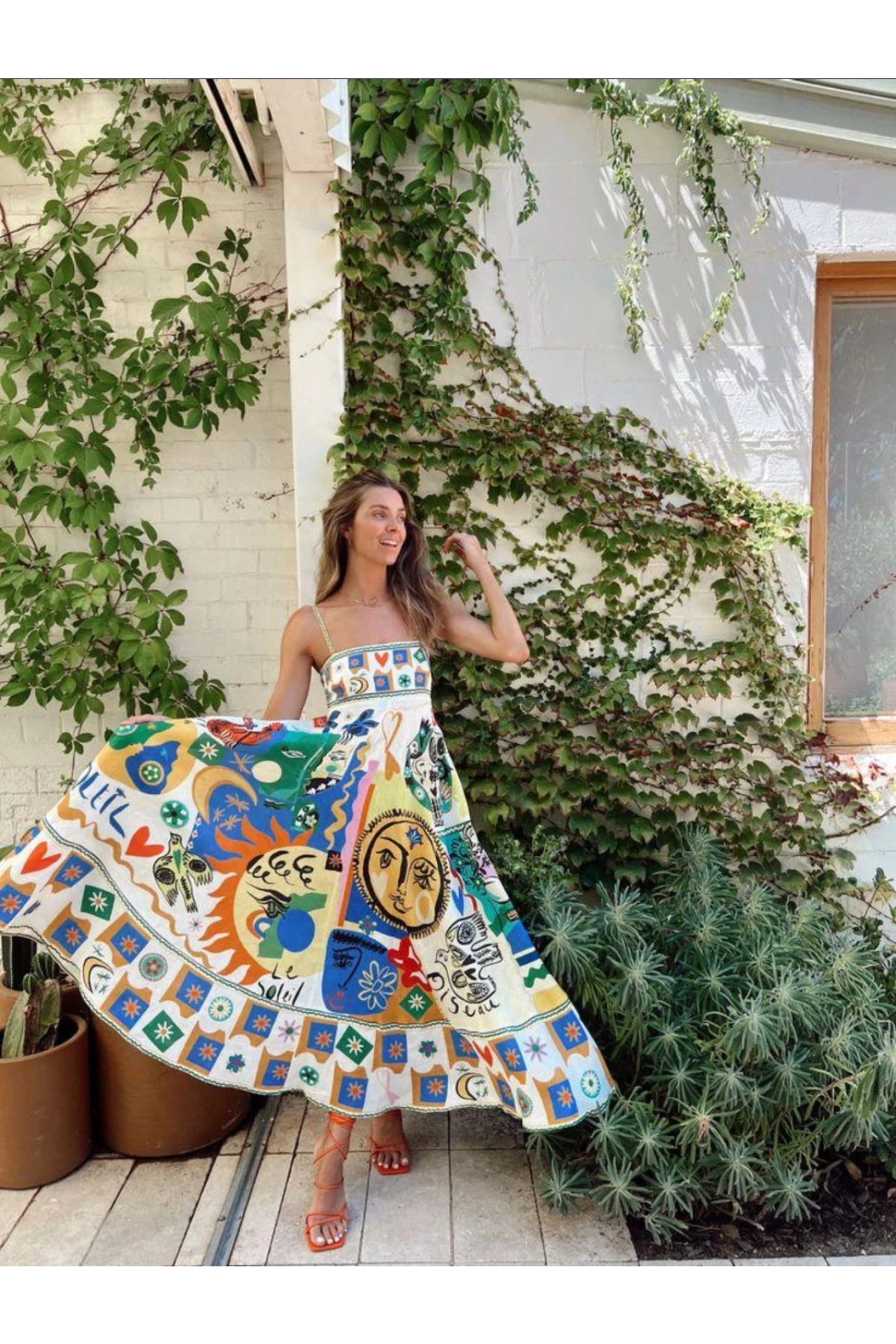 Desenli Kare Yaka Elbise İthal Krep Kumas