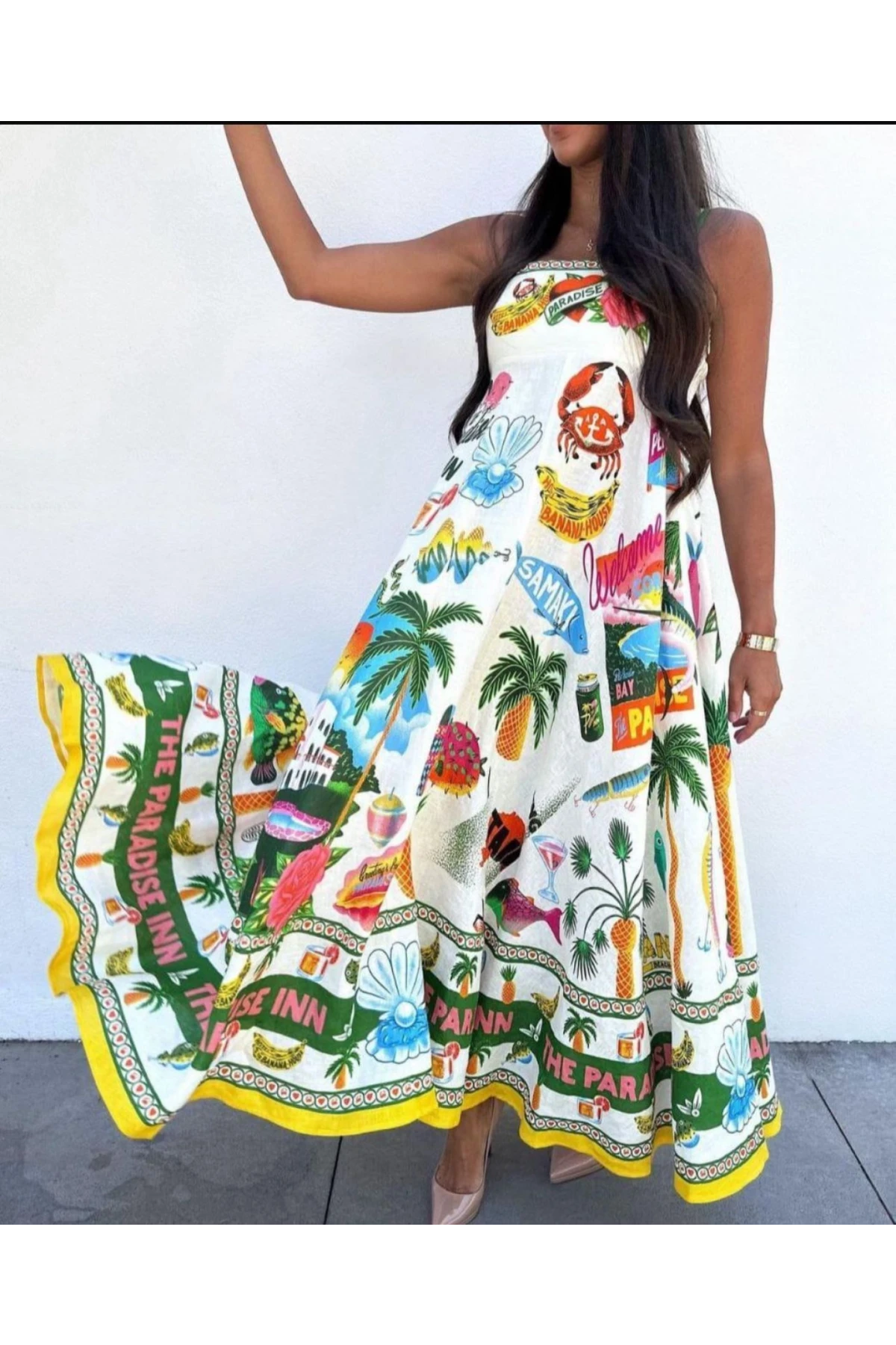 Desenli Kare Yaka Elbise İthal Krep Kumas