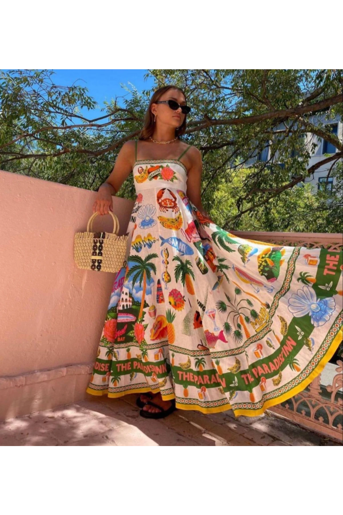 Desenli Kare Yaka Elbise İthal Krep Kumas