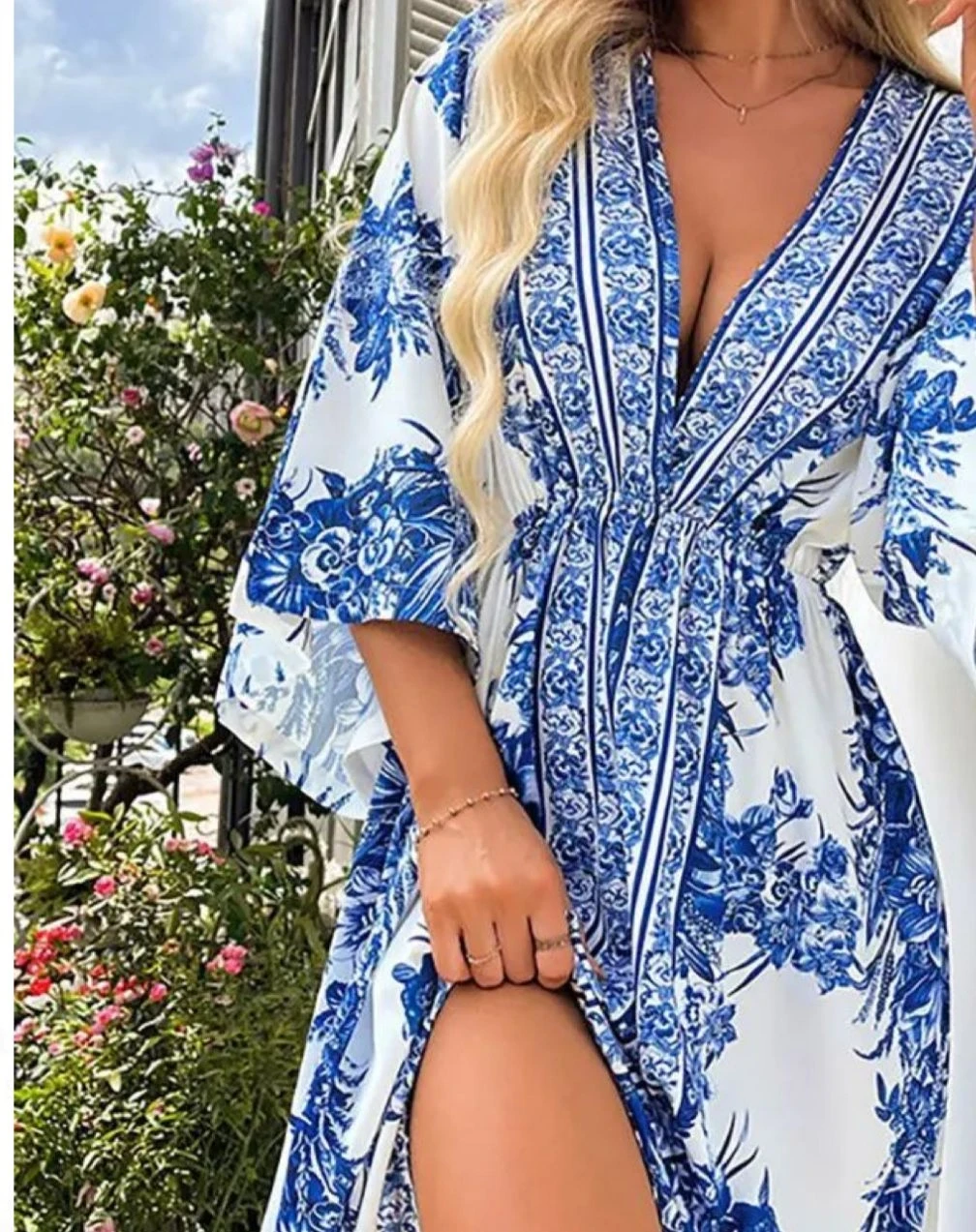 Desenli  Mikro Kumaş Maxi  Kimono & Elbise