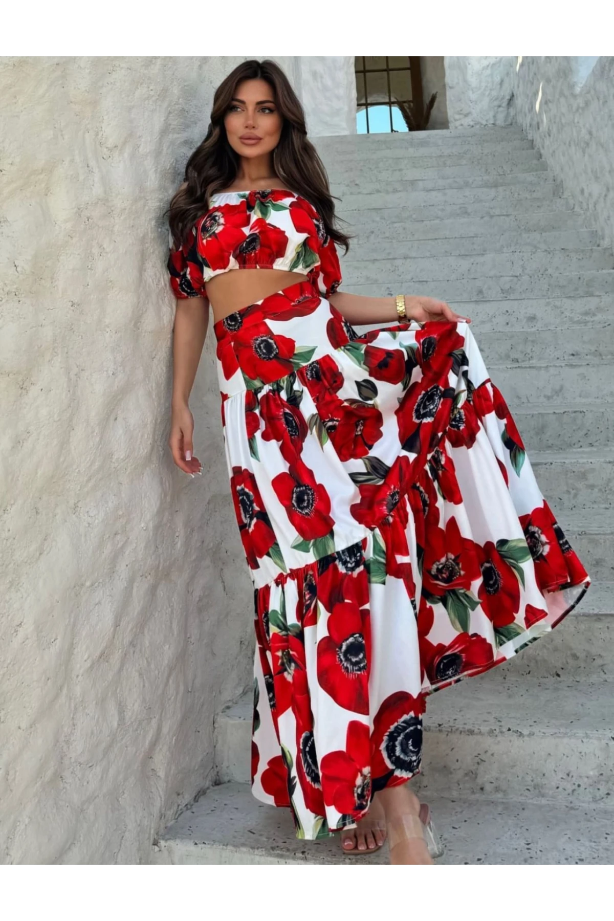 DG New Season 2 li Takım Etek & Crop İthal Krep Kumas