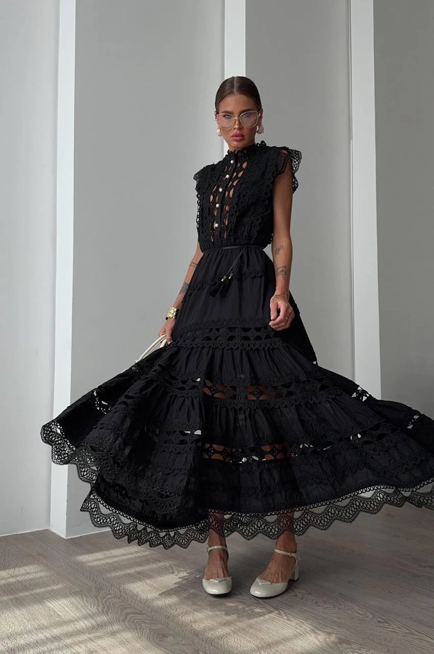 Fransız İşleme Detaylı Maxi  Elbise (Kemer Dahildir)