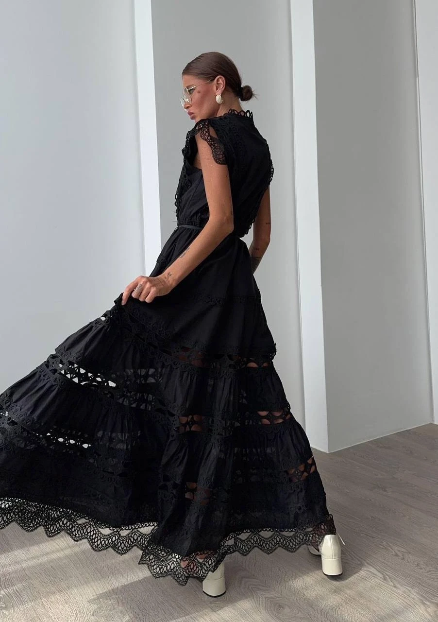 Fransız İşleme Detaylı Maxi  Elbise (Kemer Dahildir)