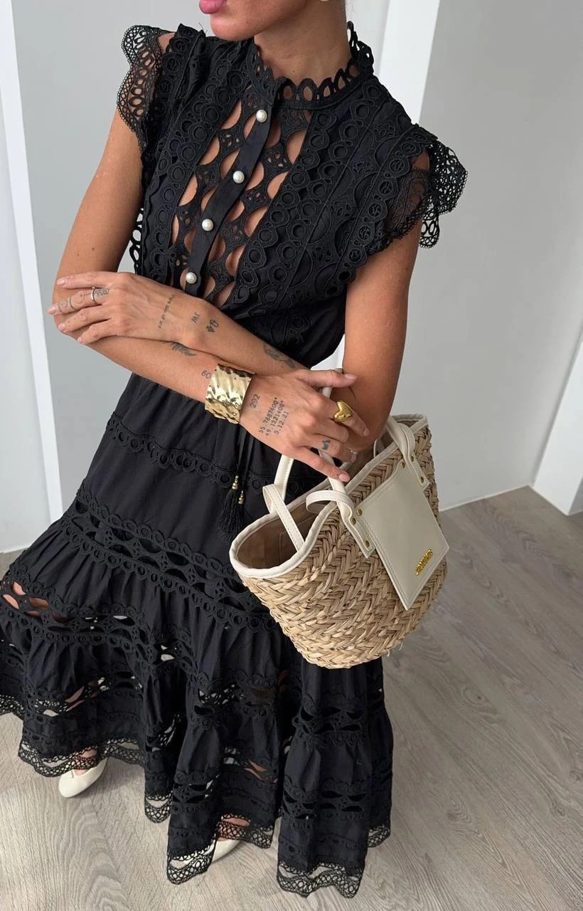 Fransız İşleme Detaylı Maxi  Elbise (Kemer Dahildir)