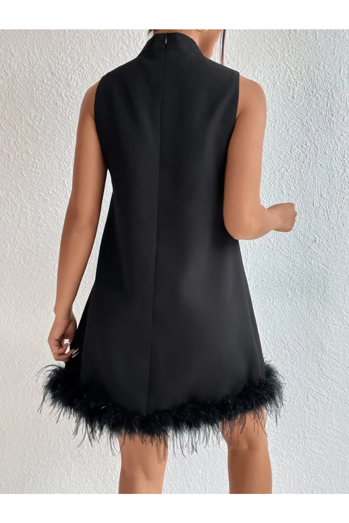 İthal Dabıl Kumaş Tüy Garnili Elbise