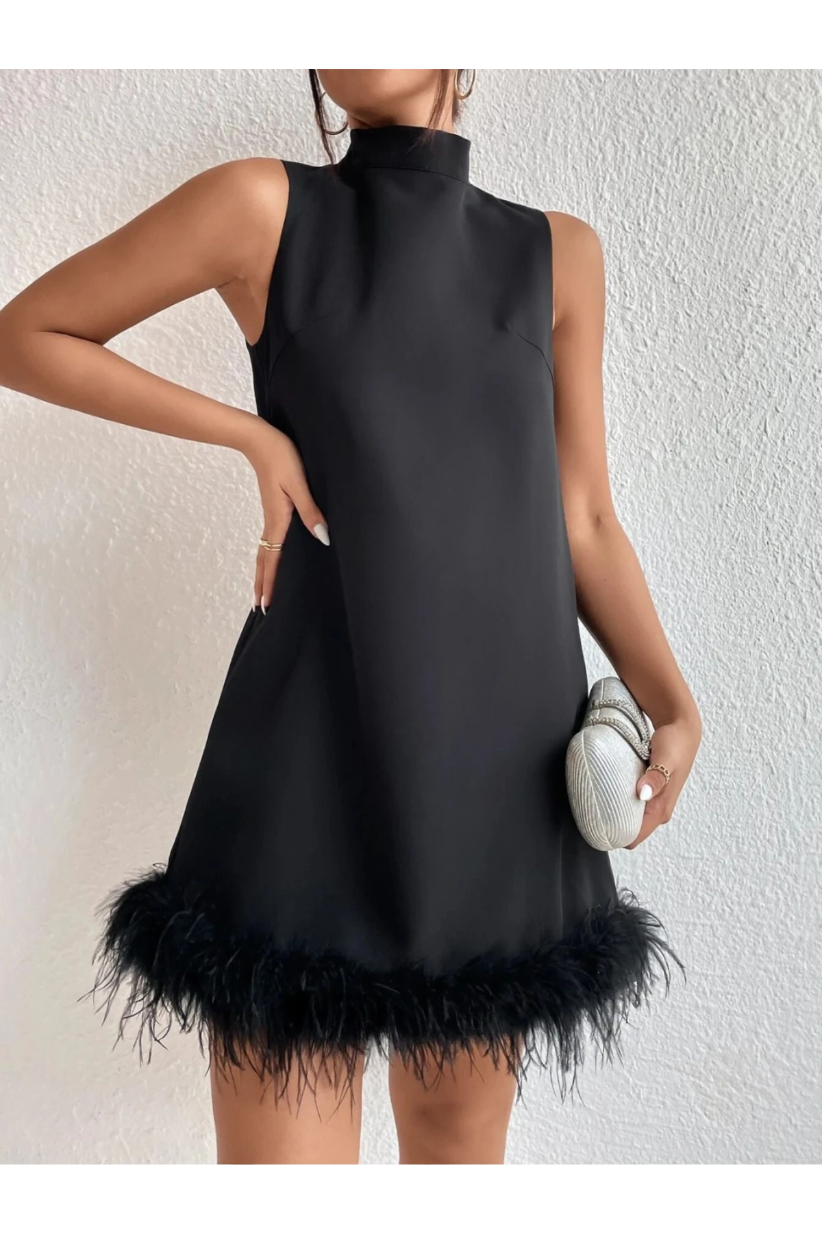 İthal Dabıl Kumaş Tüy Garnili Elbise