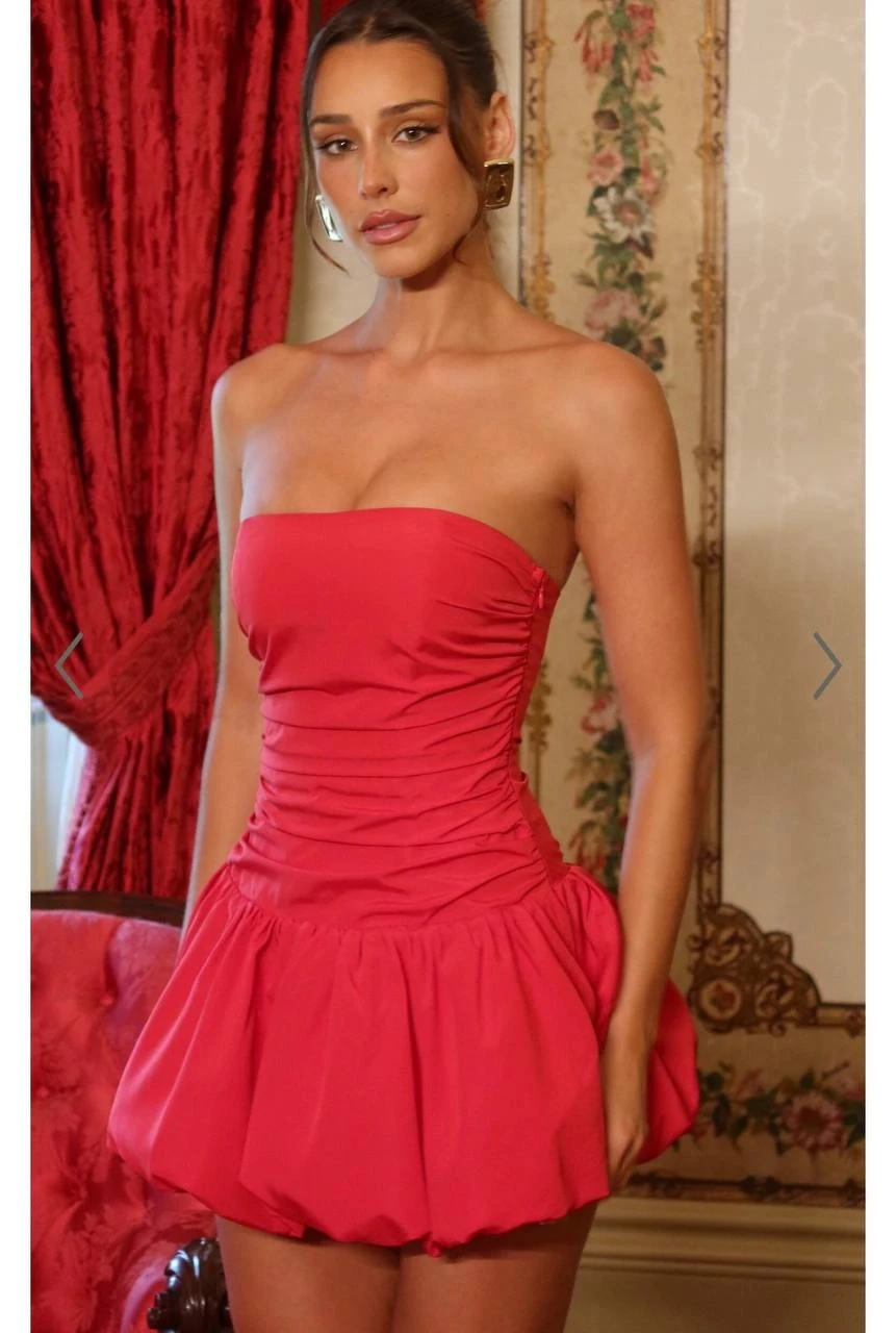 İthal Double Atlas Kumaş İç Astarlı Sırt Detaylı Balon Etekli Mini Elbise