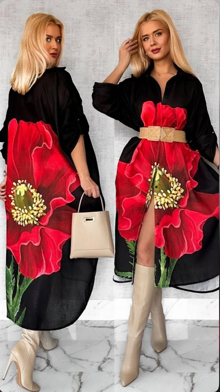 Keten Kumaş Desen Baskılı Cep Detaylı Elbise