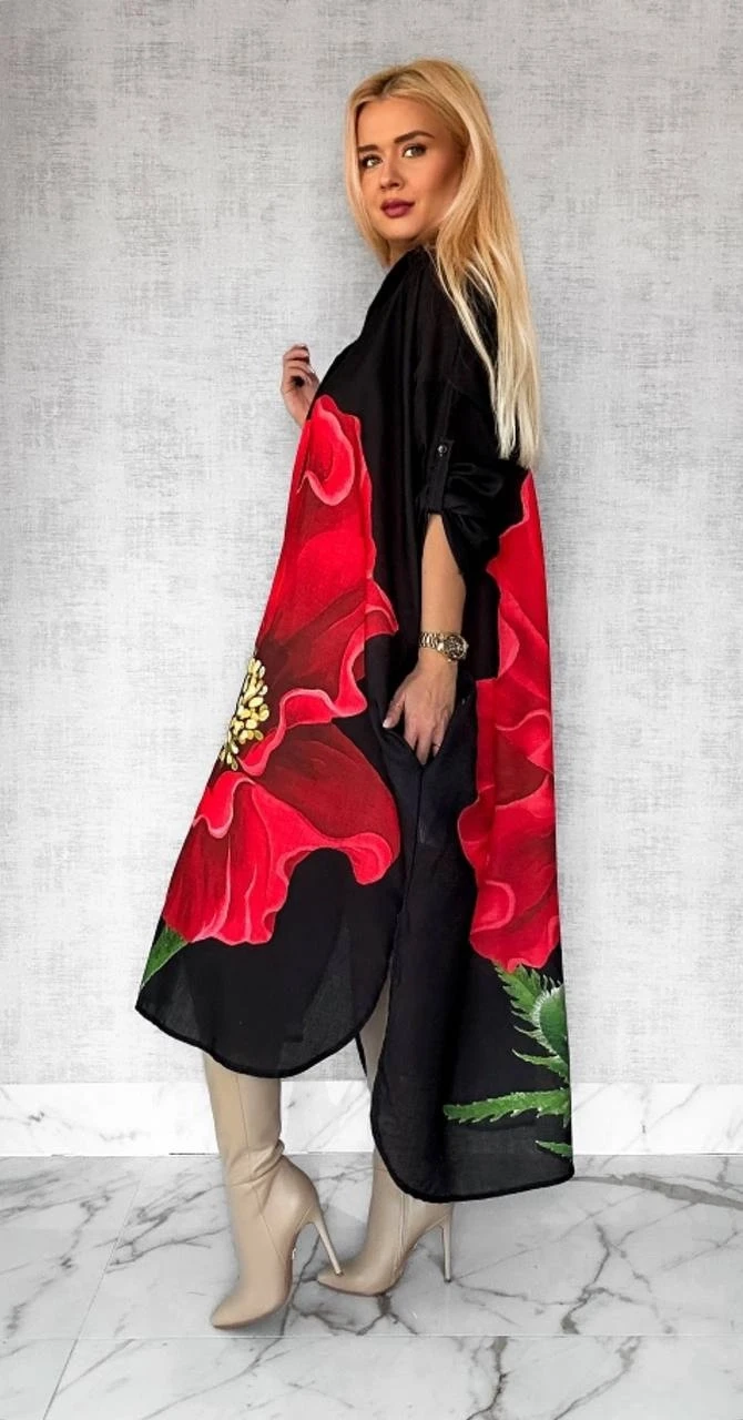 Keten Kumaş Desen Baskılı Cep Detaylı Elbise