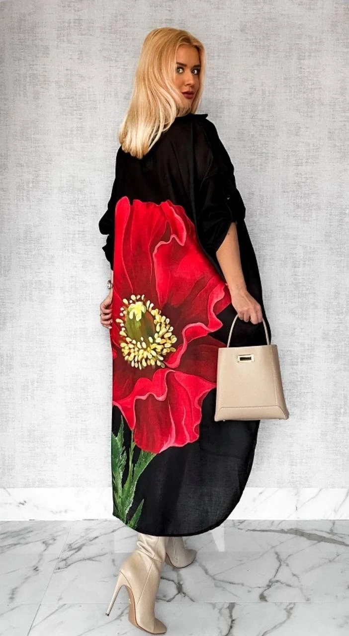 Keten Kumaş Desen Baskılı Cep Detaylı Elbise