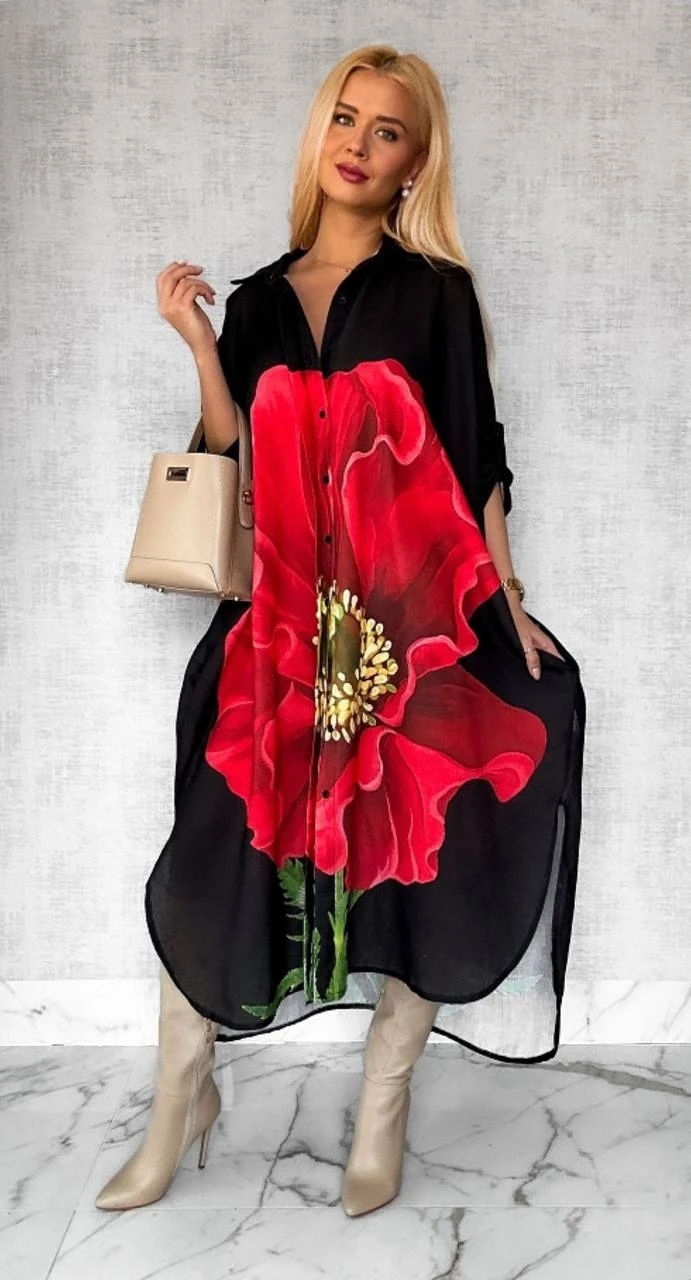 Keten Kumaş Desen Baskılı Cep Detaylı Elbise