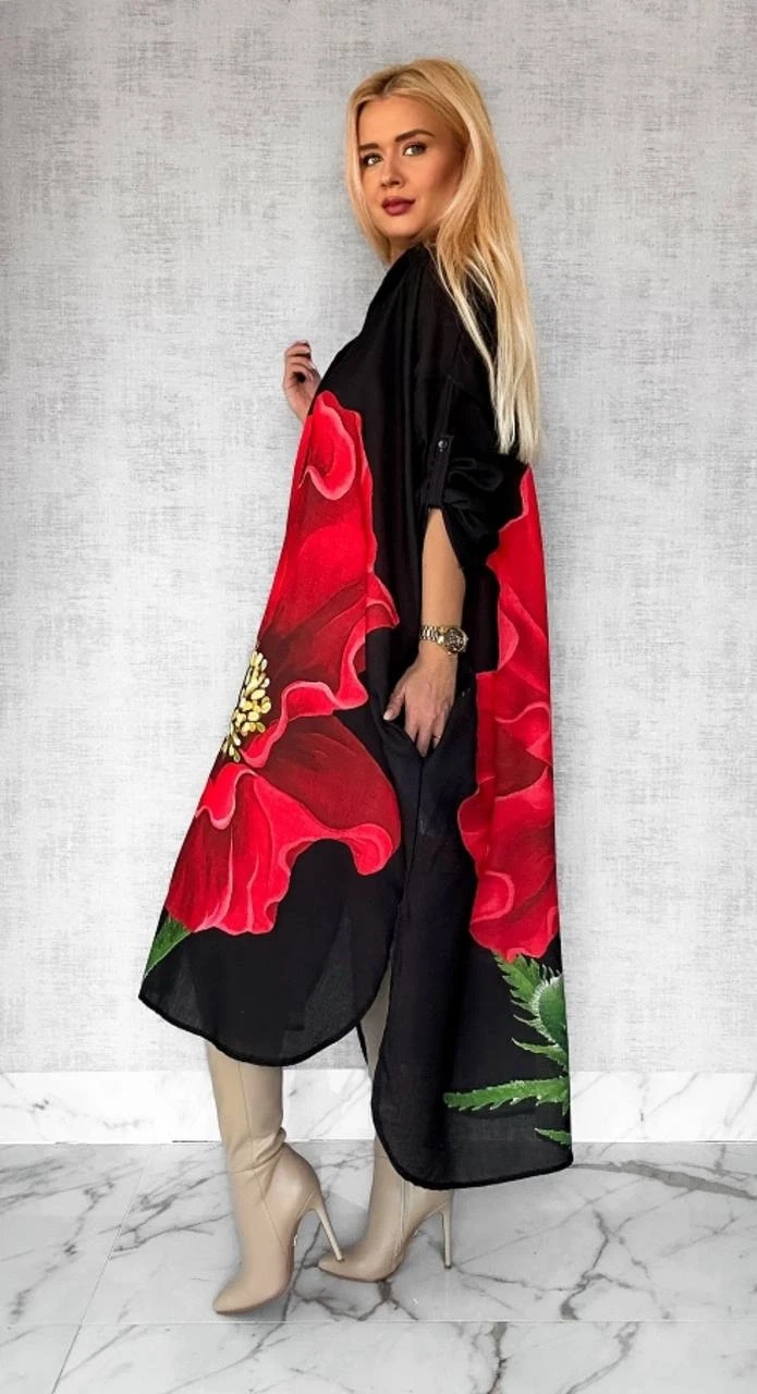 Keten Kumaş Desen Baskılı Cep Detaylı Elbise