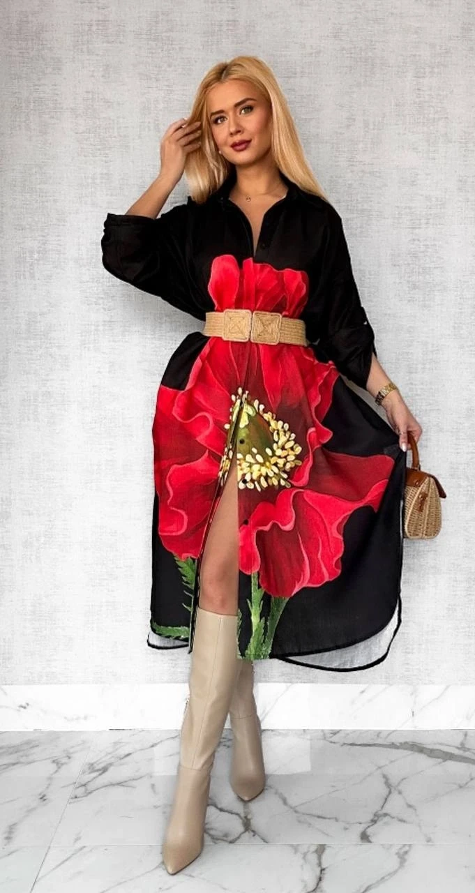 Keten Kumaş Desen Baskılı Cep Detaylı Elbise