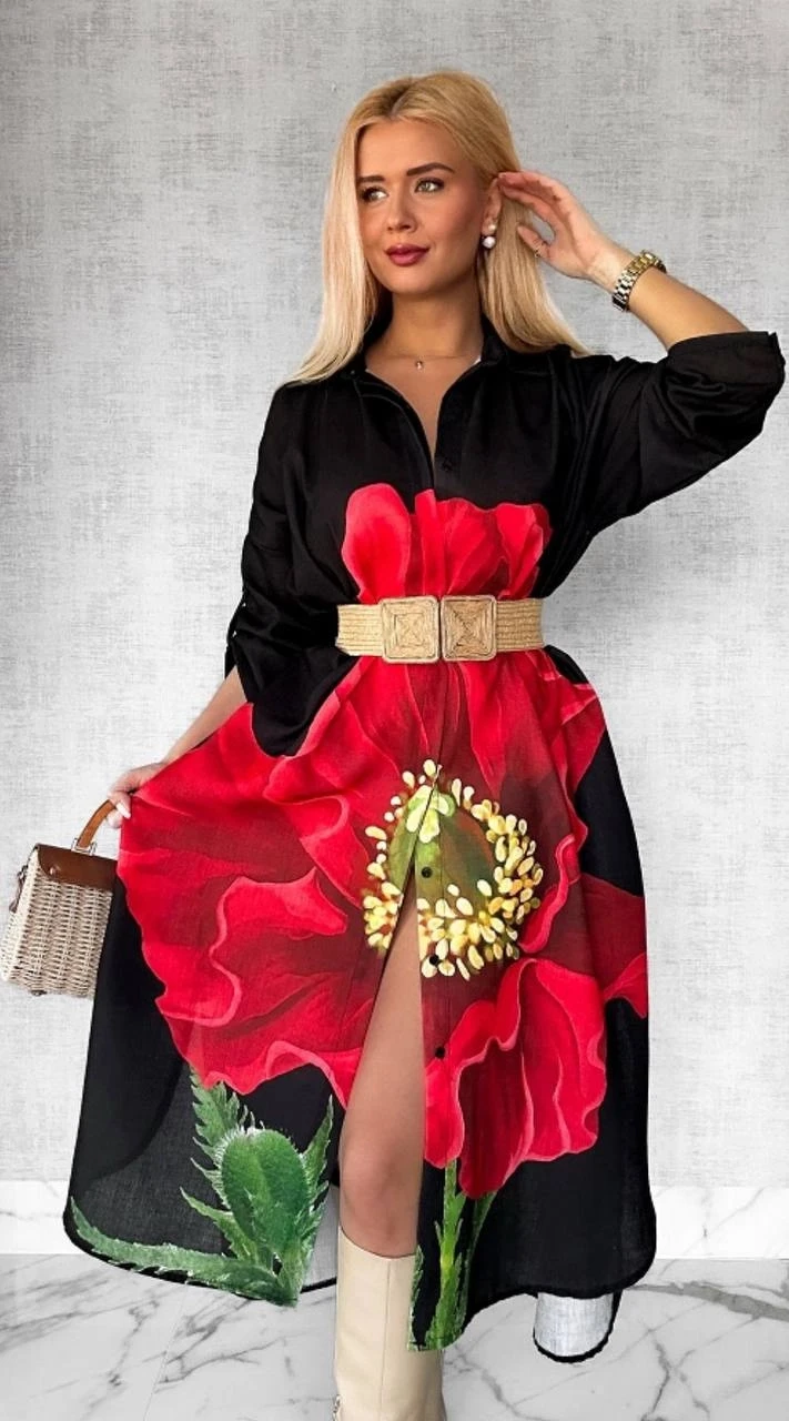 Keten Kumaş Desen Baskılı Cep Detaylı Elbise