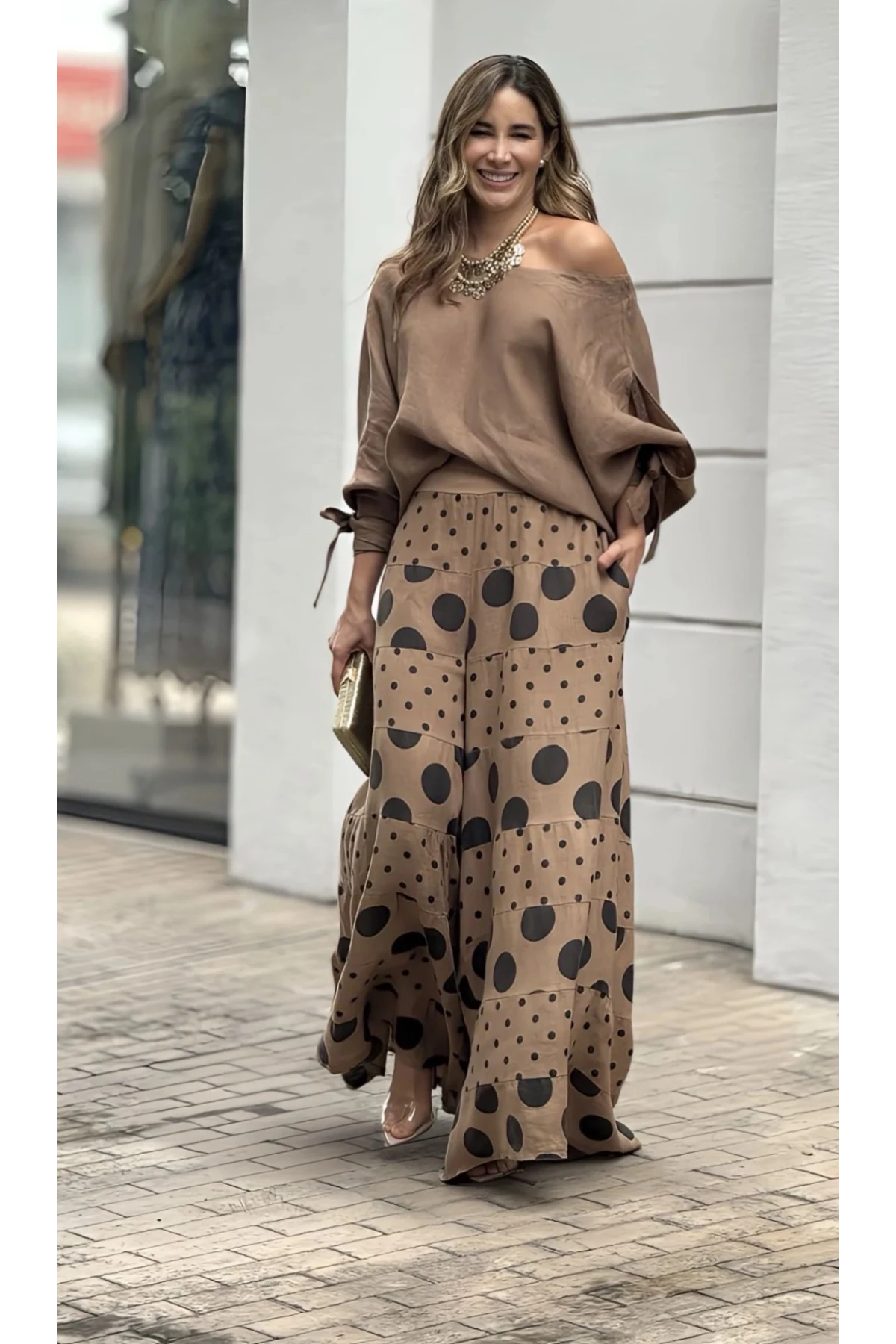 Keten Kumaş  Puantiye Desenli Pantolon Ve Bluz Takım