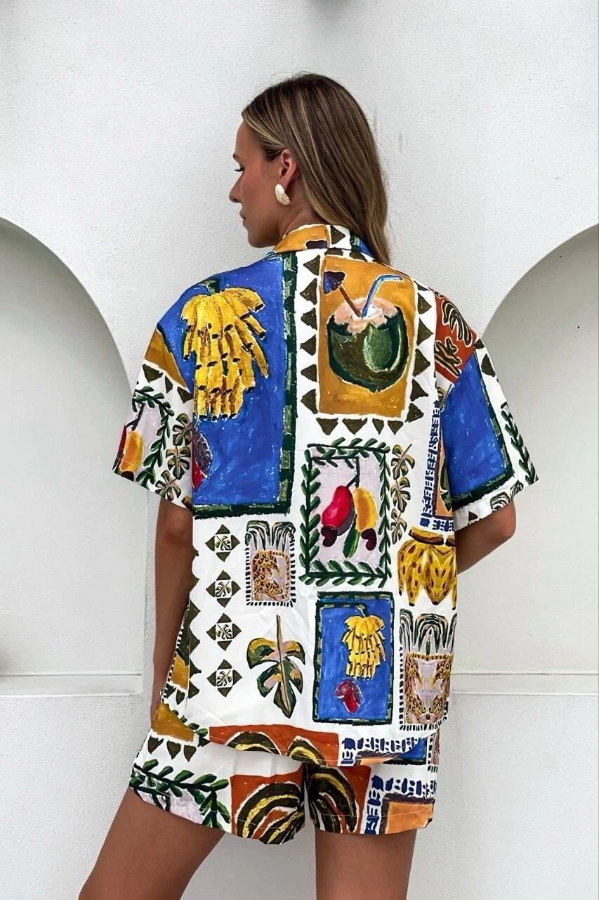 Keten Kumas Şortlu Takım Mavi