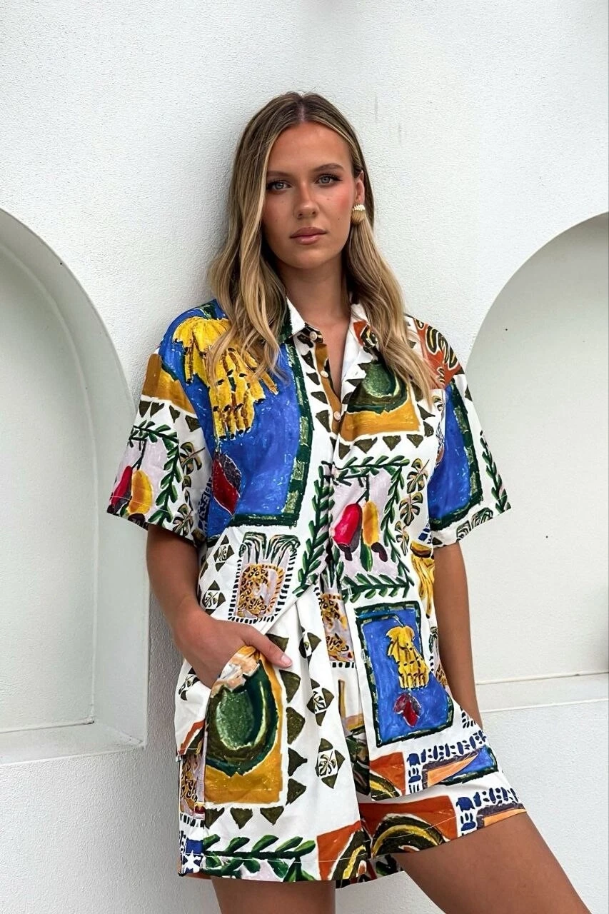 Keten Kumas Şortlu Takım Mavi