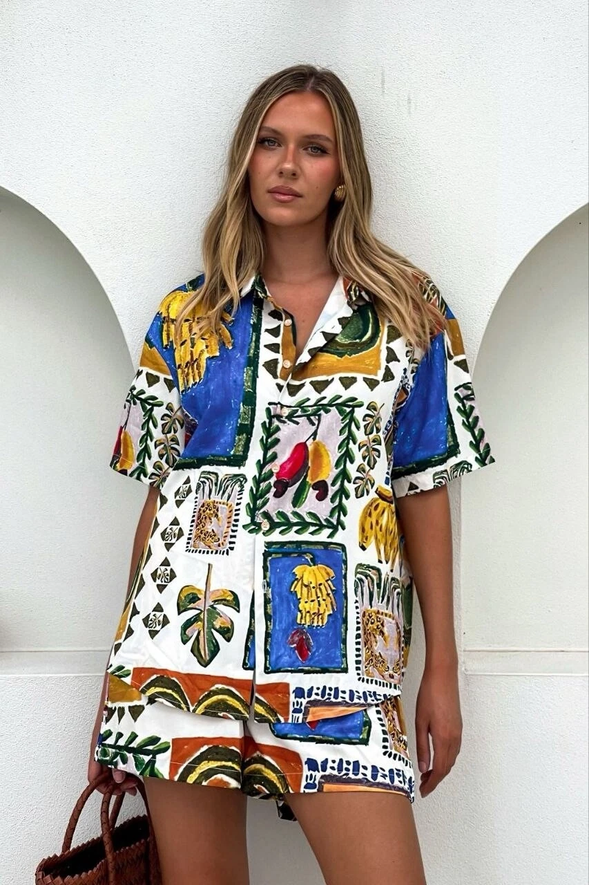 Keten Kumas Şortlu Takım Mavi