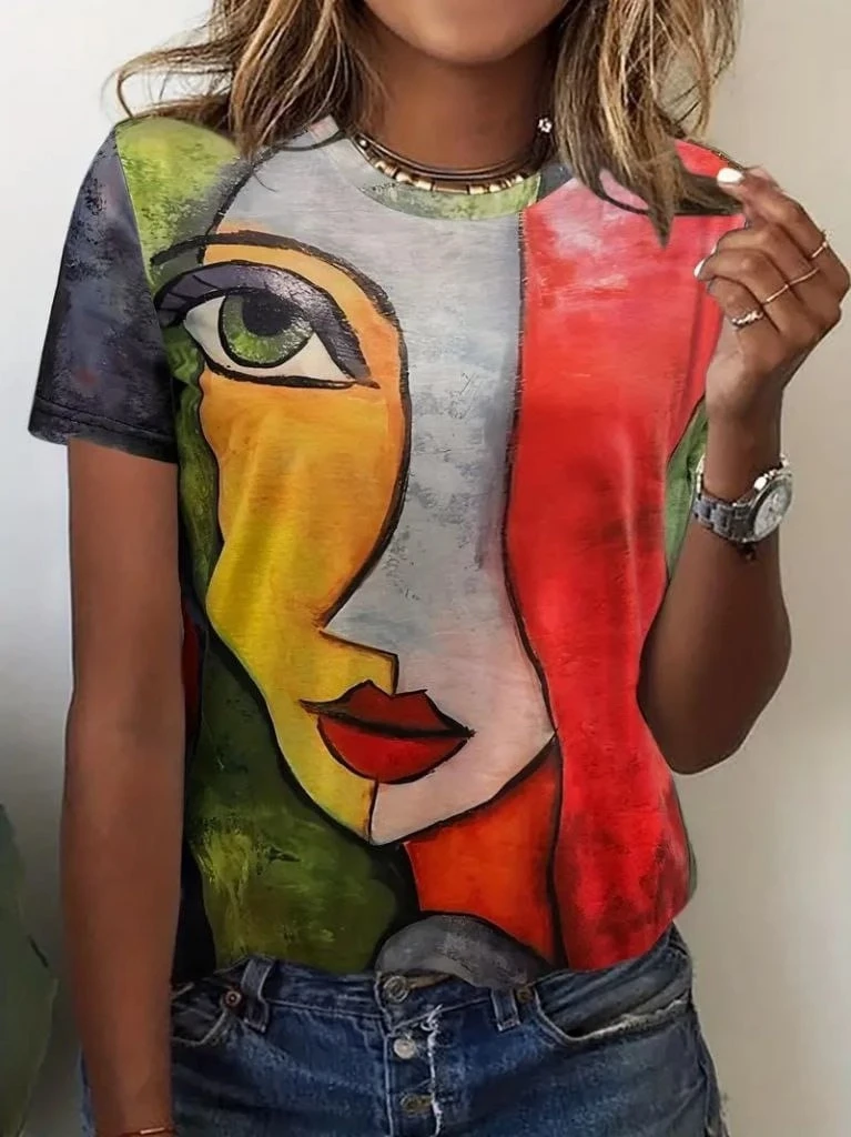 Kısa Kollu Yüz Baskılı Süprem  Kumaş T-Shirt