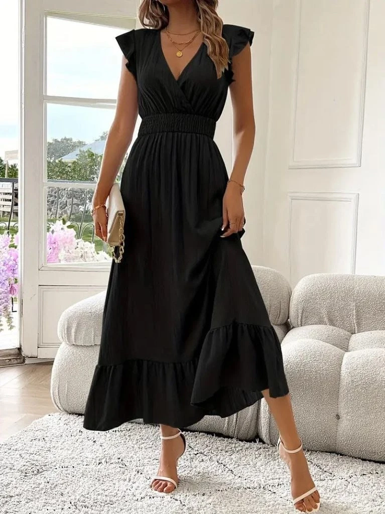 Kruvaze Yakalı Beli Lastikli Müslim Elbise