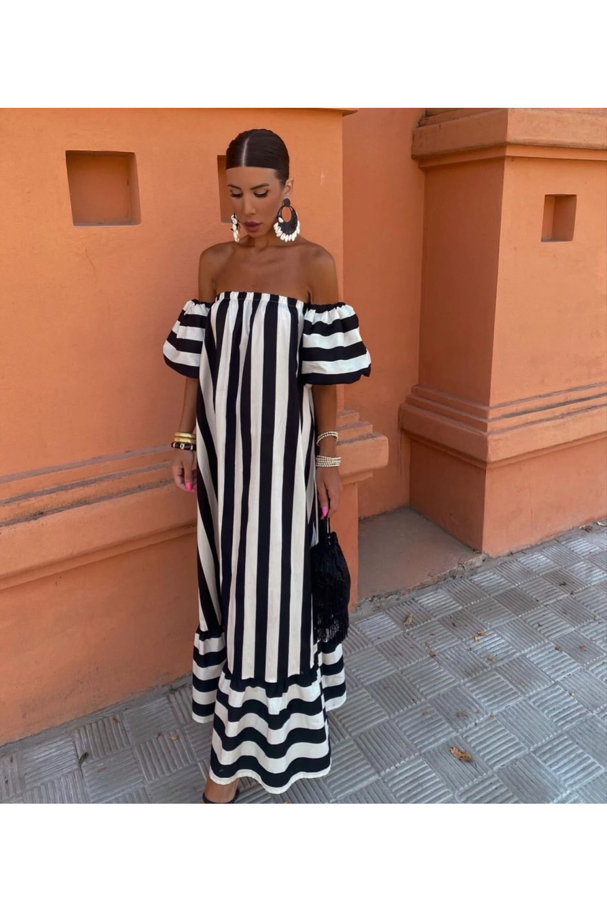 Madonna Yaka Çizgili Elbise Atlas Kumas
