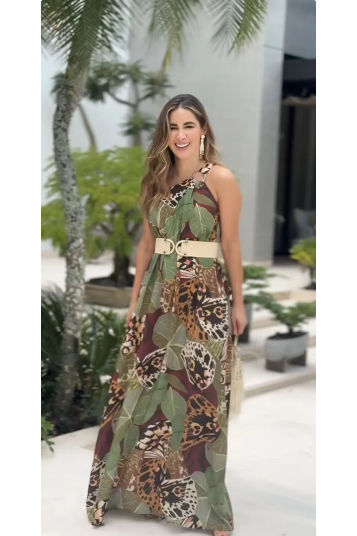 Micro Kumaş Desenli Toka Detaylı Elbise