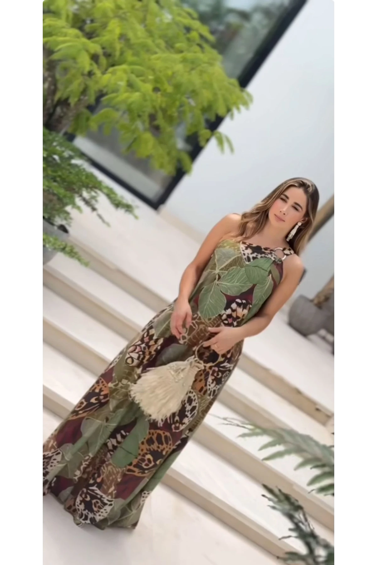 Micro Kumaş Desenli Toka Detaylı Elbise