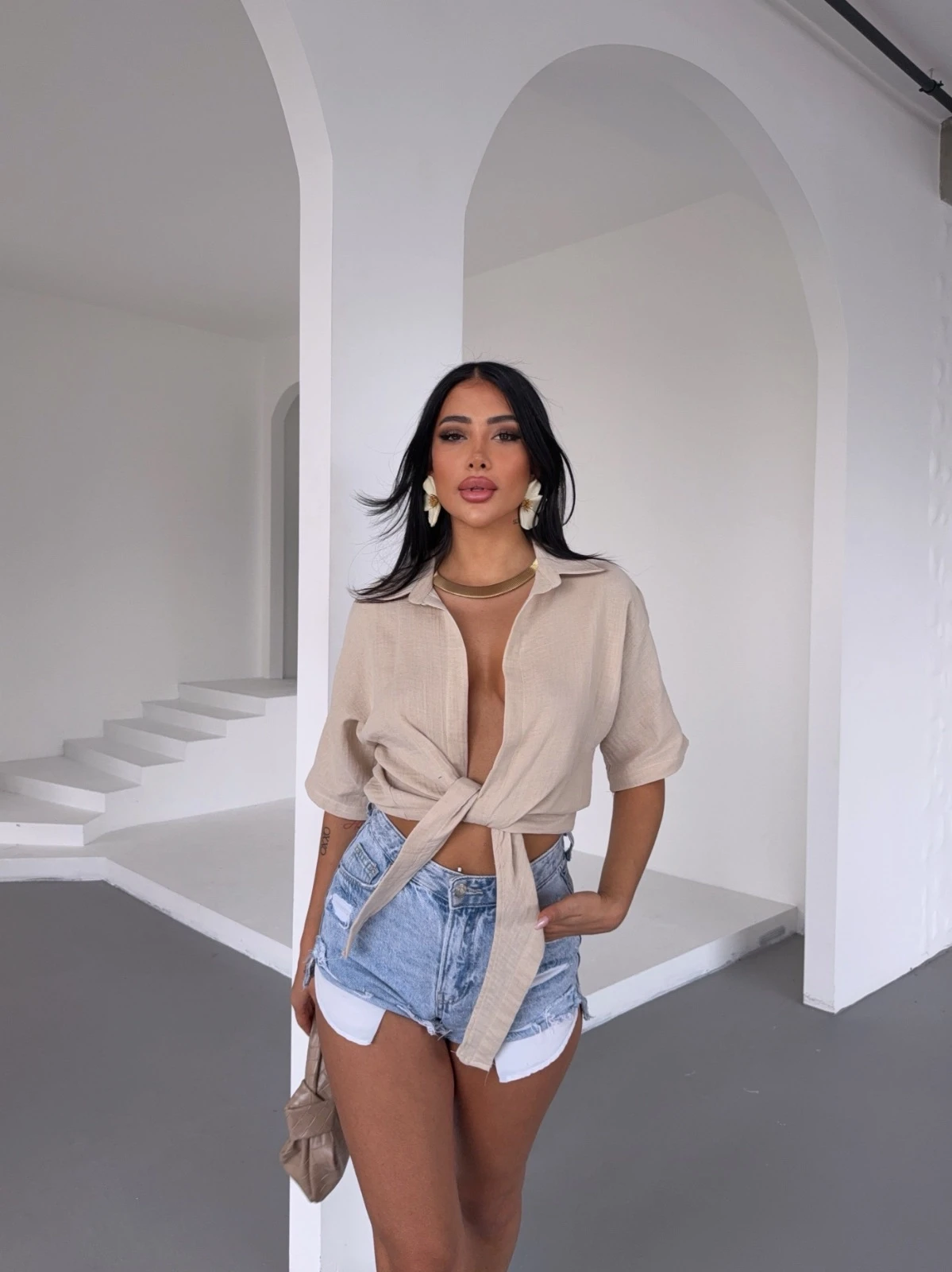 Müslin Keten Bağlamalı Bluz