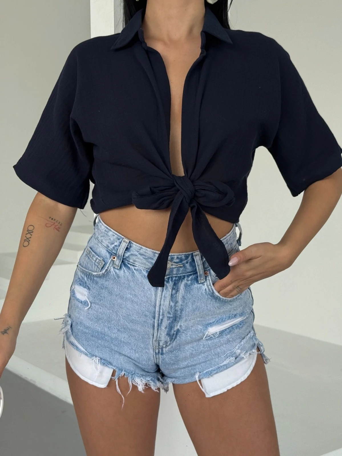 Müslin Keten Bağlamalı Bluz