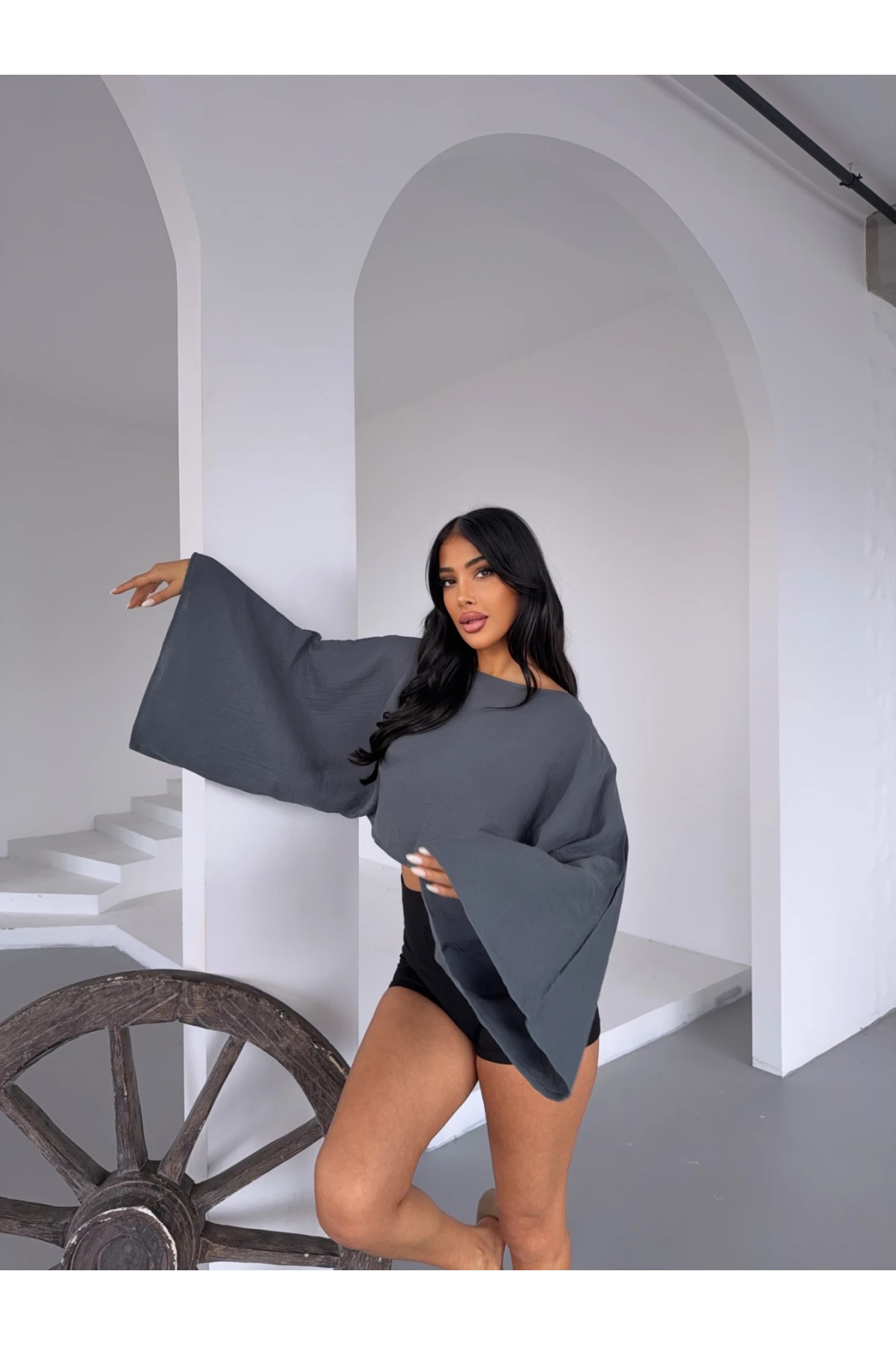 Müslin Keten Bluz Antrasit