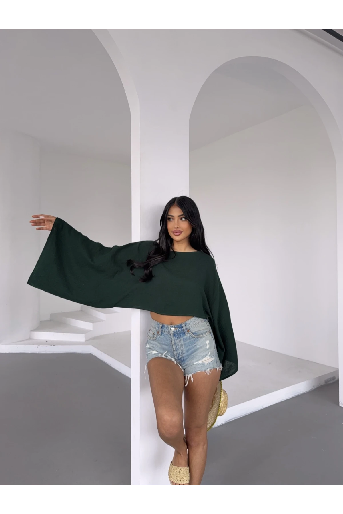 Müslin Keten Bluz Zümrüt