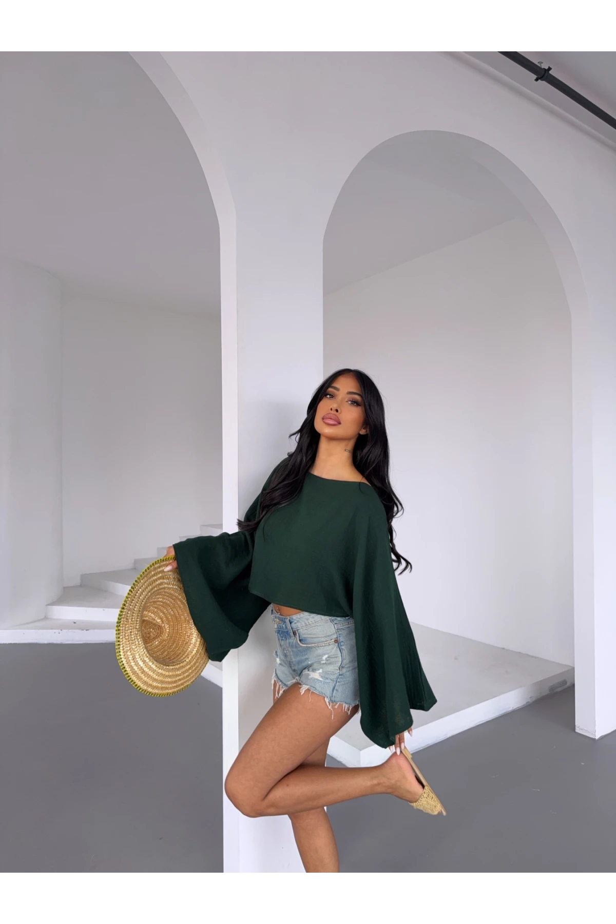 Müslin Keten Bluz Zümrüt