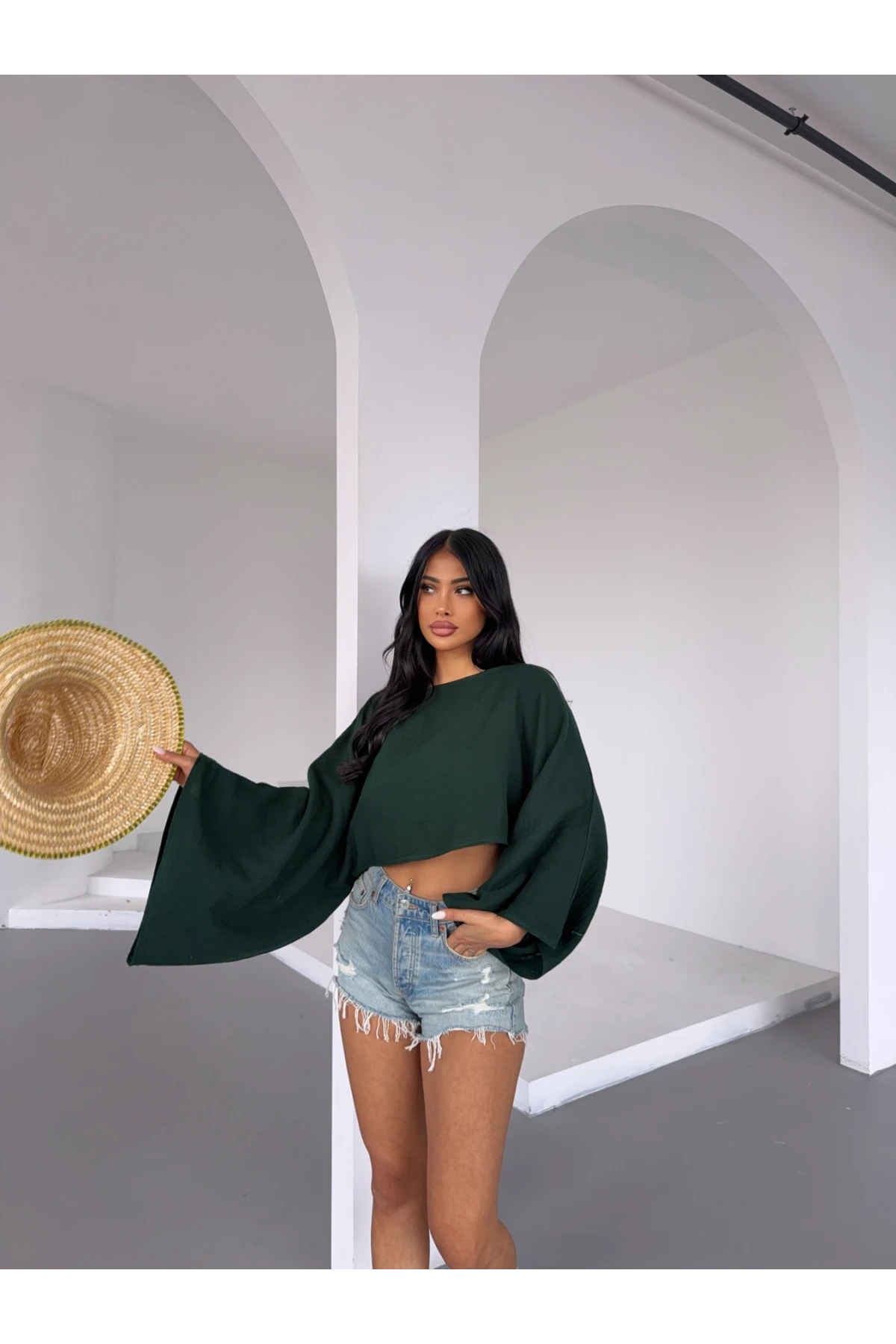 Müslin Keten Bluz Zümrüt