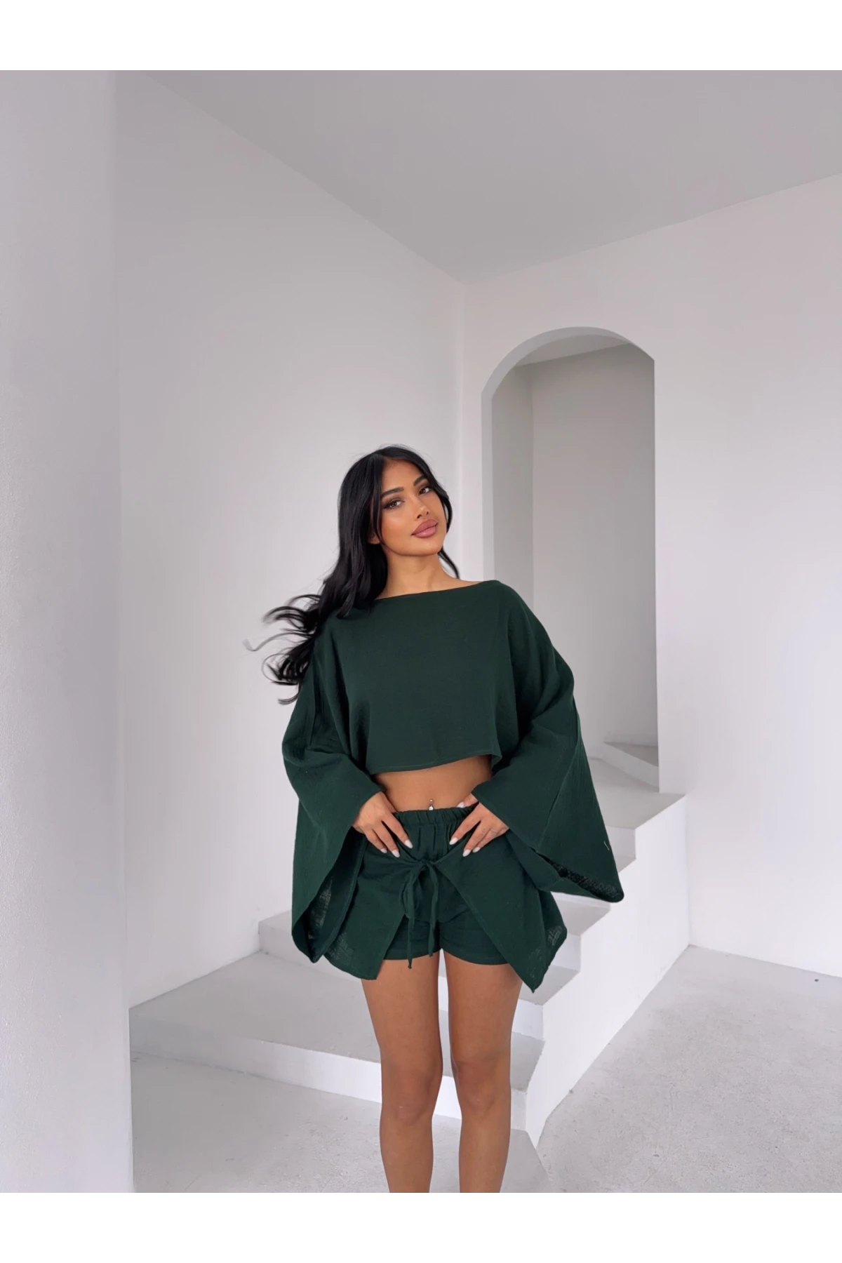 Müslin Keten Bluz Zümrüt