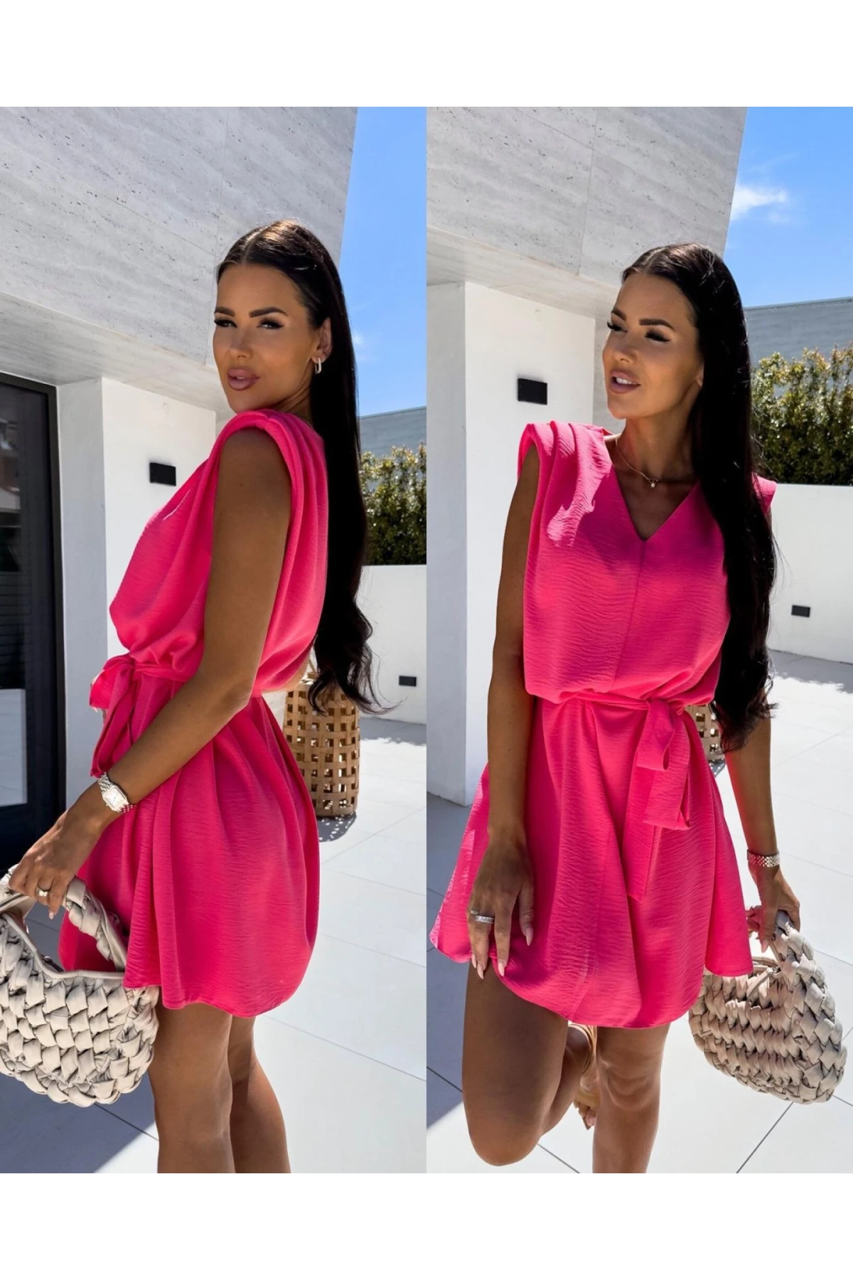 Omuz Detaylı Keten Kumaş Elbise