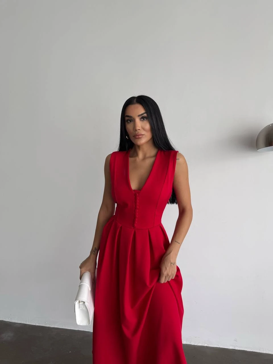 Özel Tasarım Kalın Askı Midi Prenses Elbise Crep Kumaş