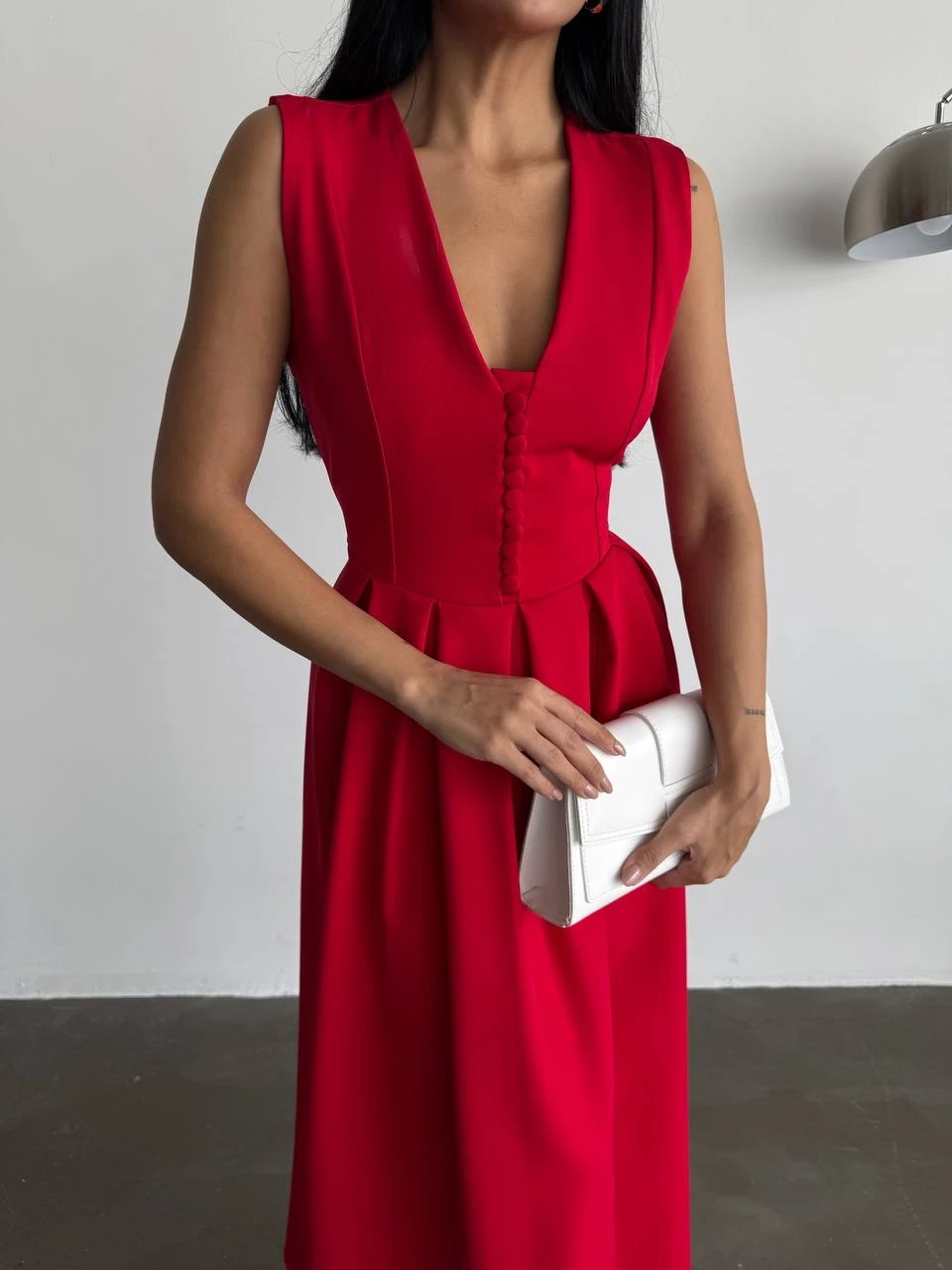 Özel Tasarım Kalın Askı Midi Prenses Elbise Crep Kumaş