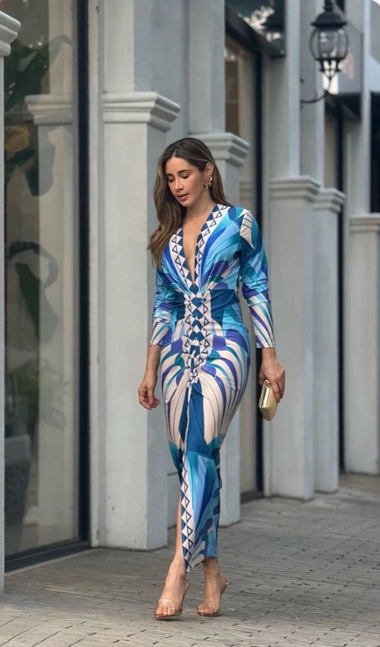 Pileli  Scuba Kumaş Desenli Elbise