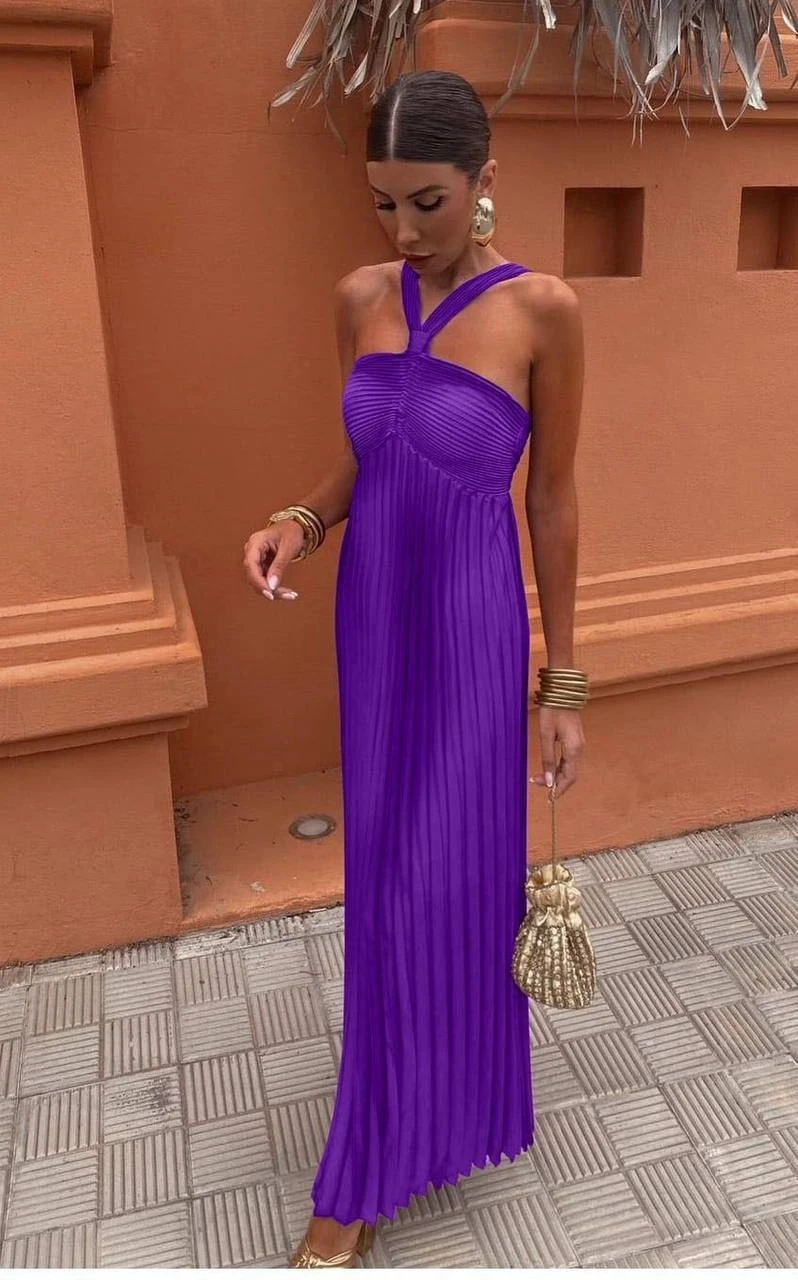 Pilise Detaylı Omuz Askılı Saten Elbise