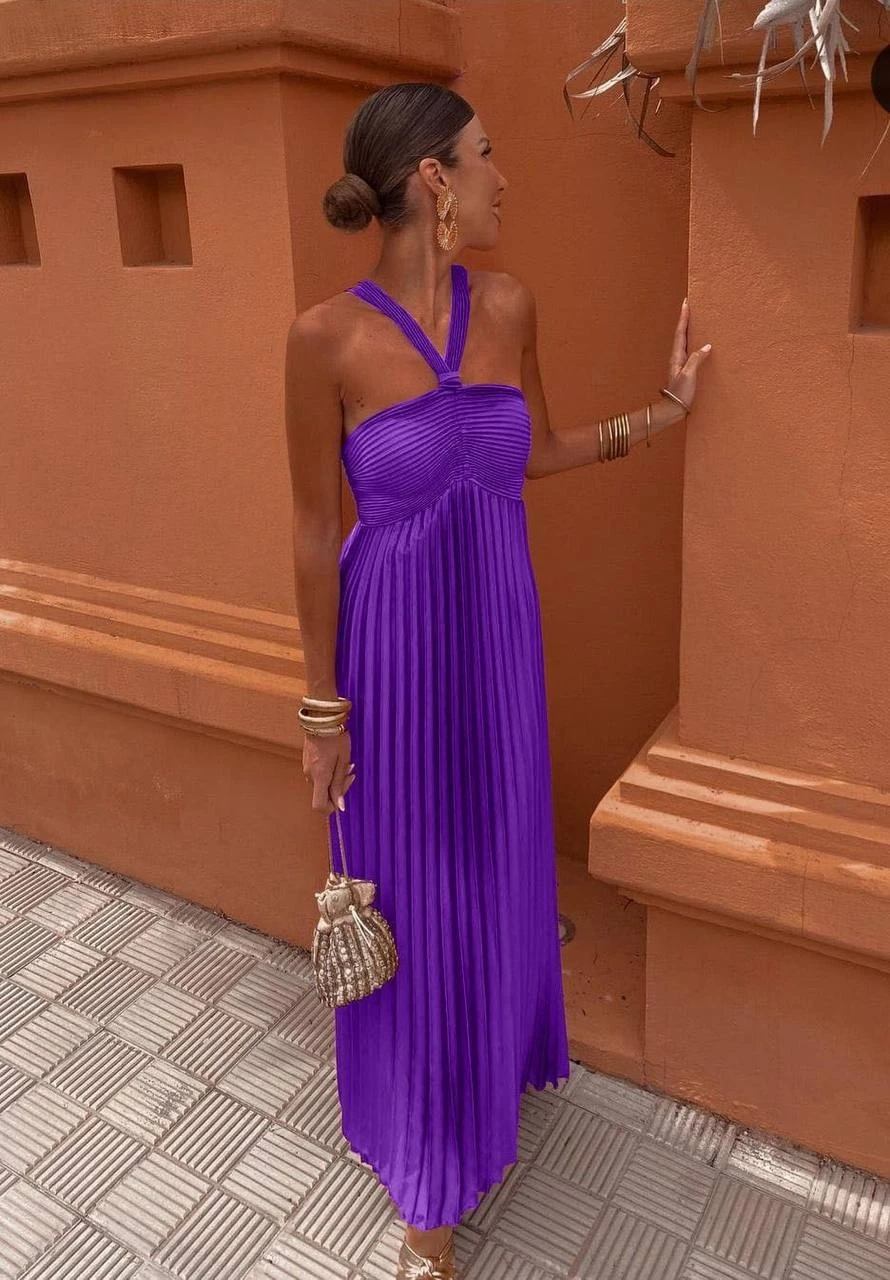 Pilise Detaylı Omuz Askılı Saten Elbise