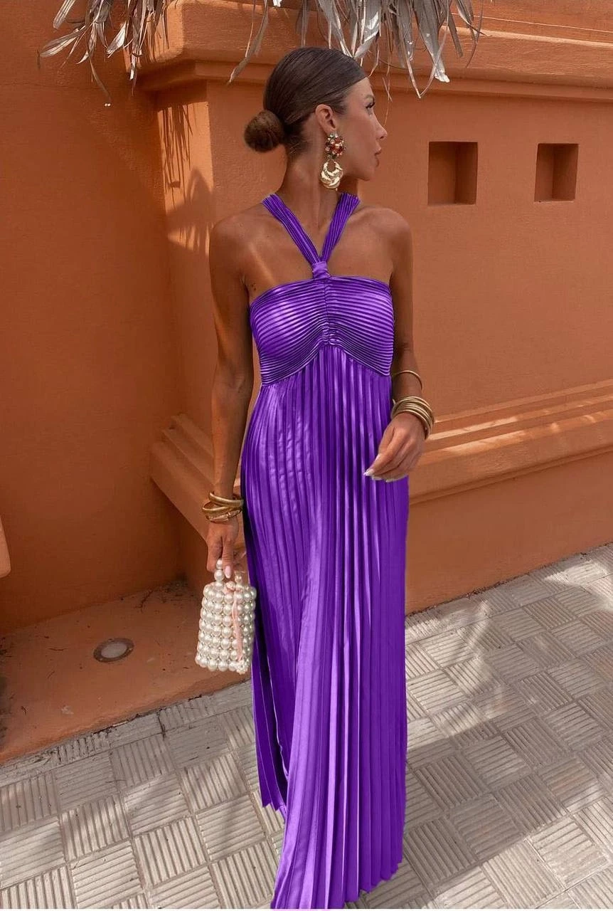 Pilise Detaylı Omuz Askılı Saten Elbise