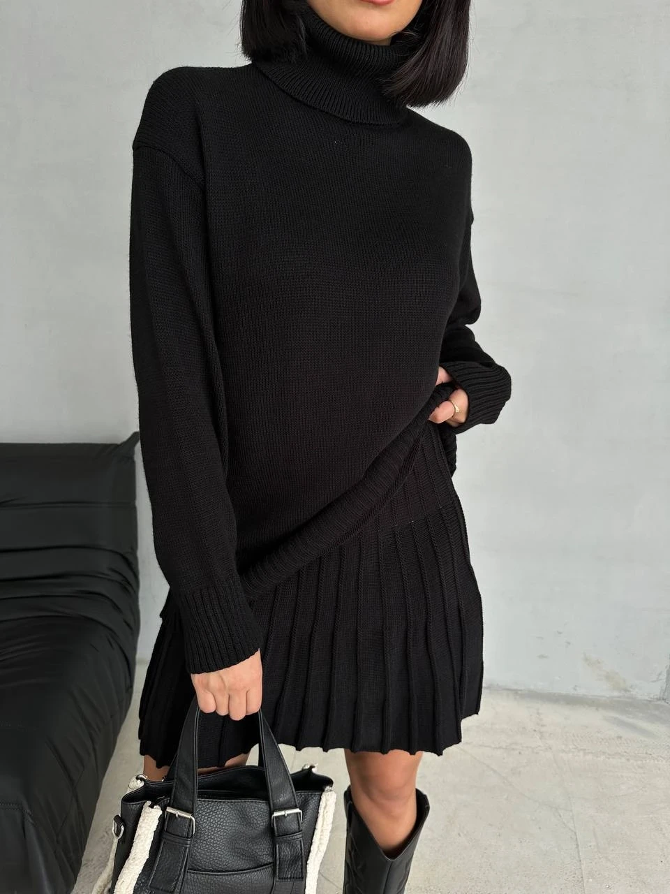 Piliseli Etek & Pamuk Triko Kazak Takım