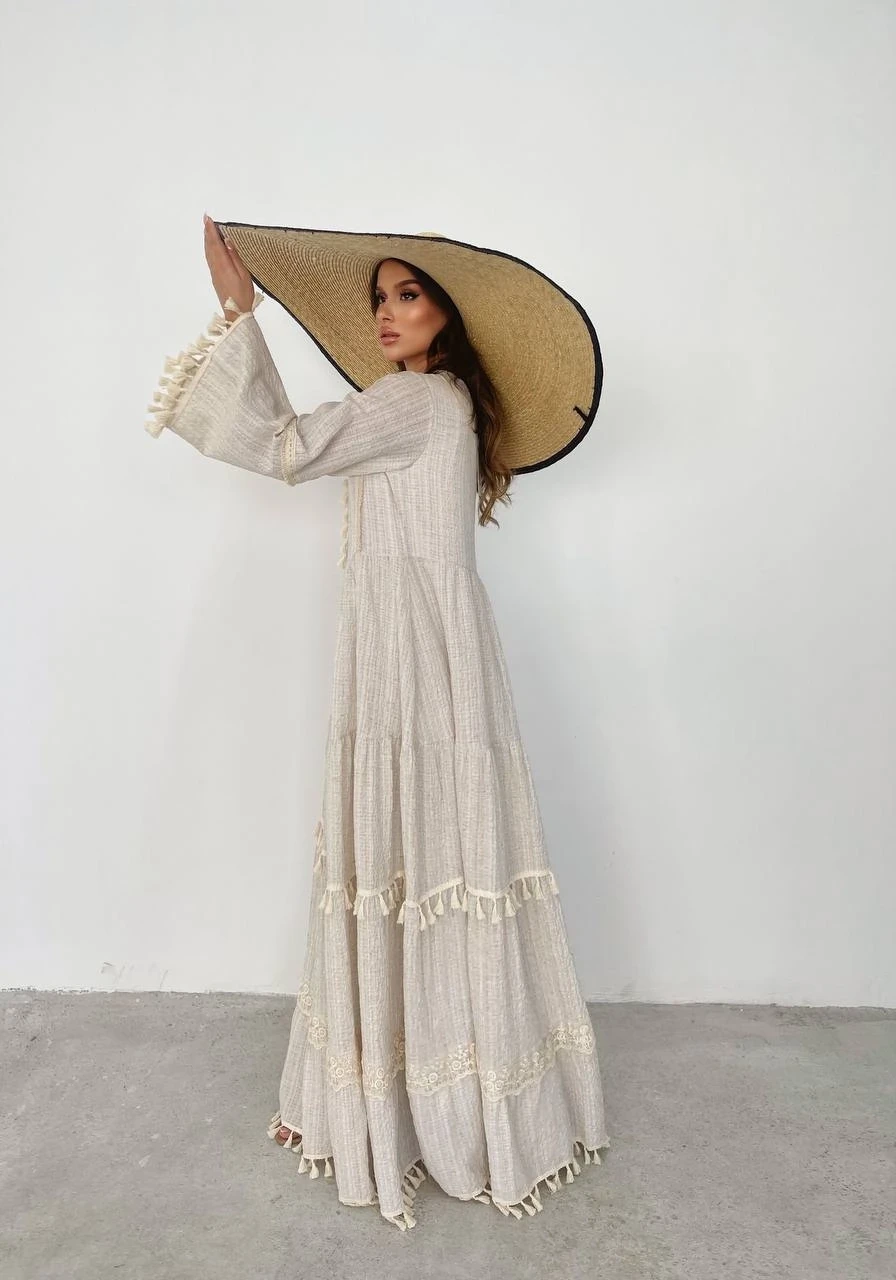 Püsküllü Gofre Kumaş  Elbise